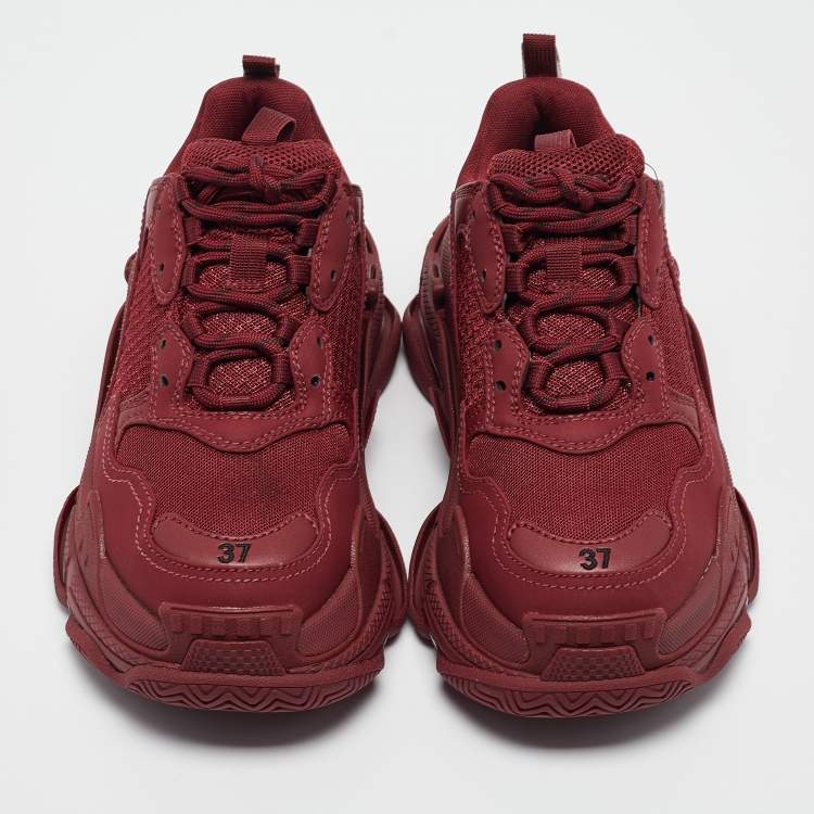 Pre Owned Balenciaga Burgundy Faux Leather and Mesh Triple S Sneakers Size 37