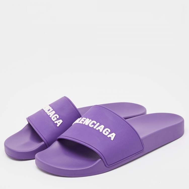 Pre Owned Balenciaga Purple/White Rubber Logo Pool Slides Size 40