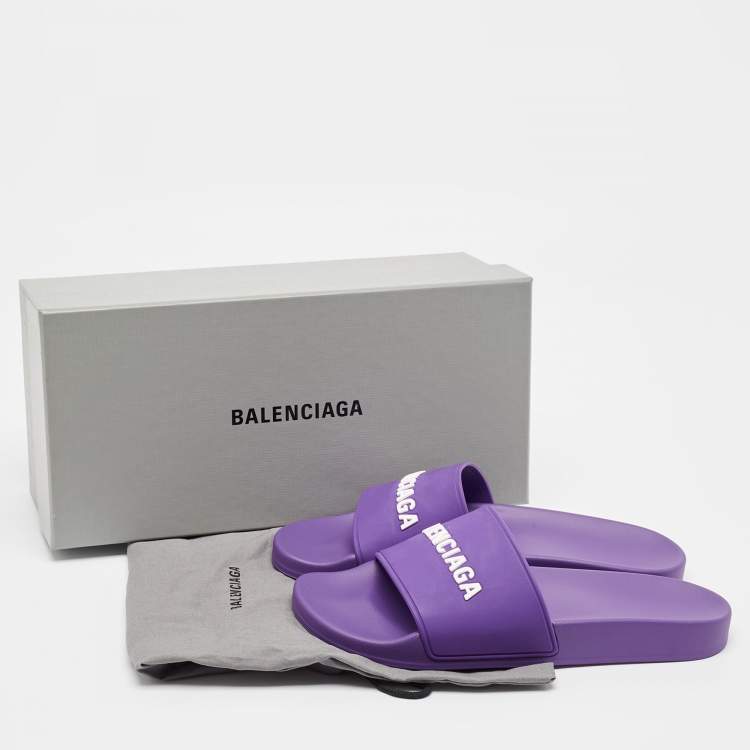 Pre Owned Balenciaga Purple/White Rubber Logo Pool Slides Size 40