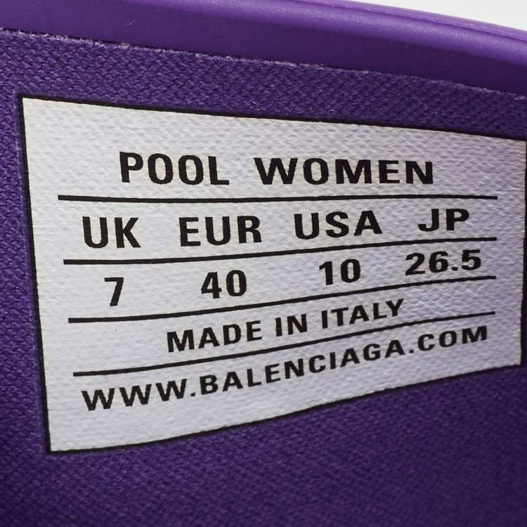 Pre Owned Balenciaga Purple/White Rubber Logo Pool Slides Size 40