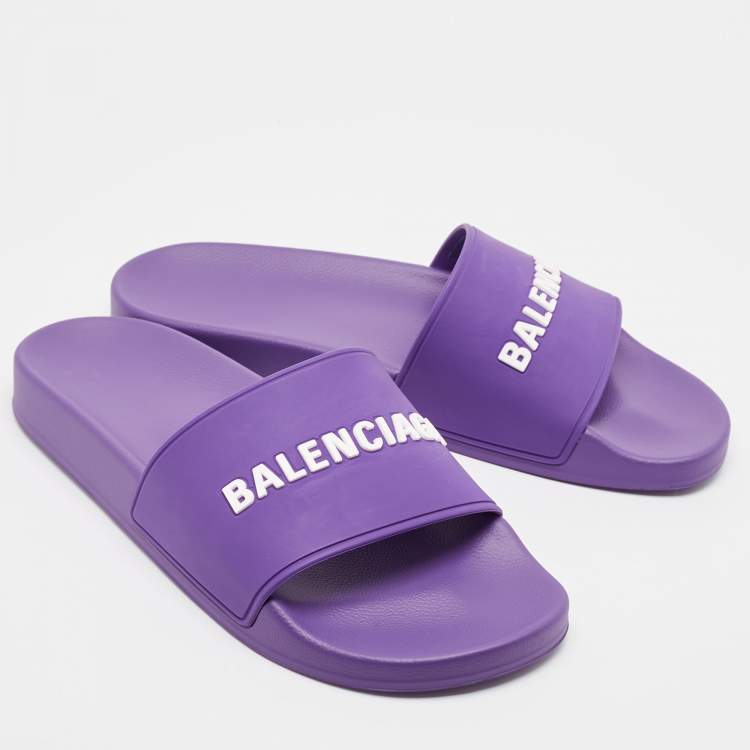 Pre Owned Balenciaga Purple/White Rubber Logo Pool Slides Size 40