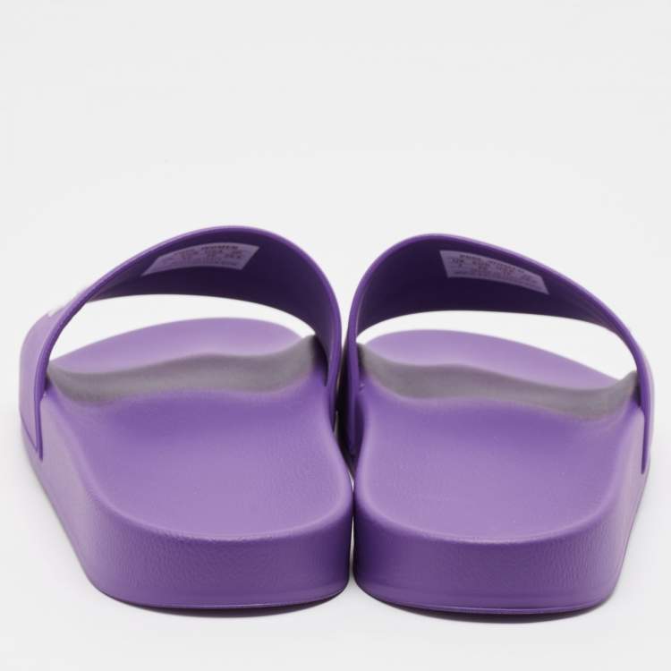Pre Owned Balenciaga Purple/White Rubber Logo Pool Slides Size 40