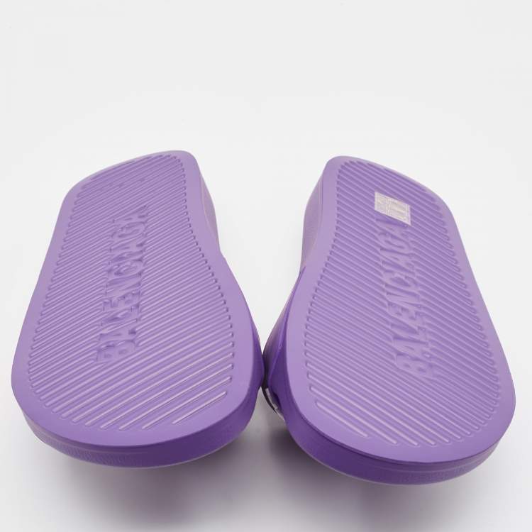 Pre Owned Balenciaga Purple/White Rubber Logo Pool Slides Size 40