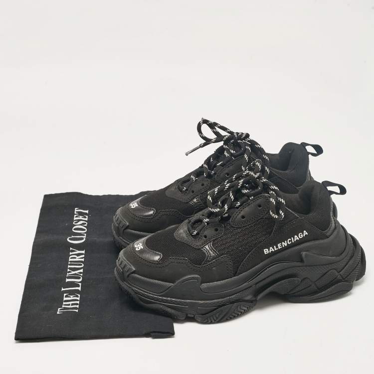 Pre Owned Balenciaga Black Mesh and Faux Leather Triple S Lace Up Sneakers Size 35
