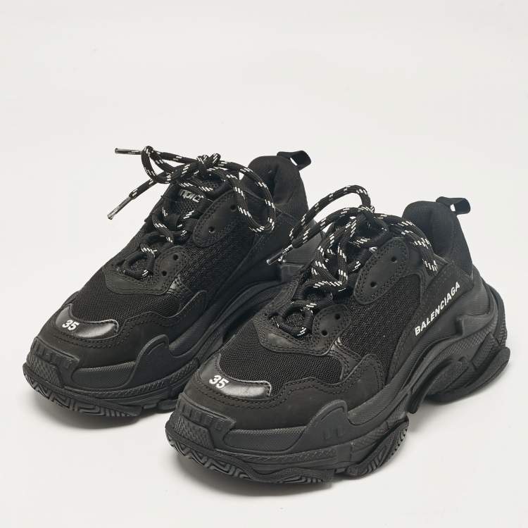 Pre Owned Balenciaga Black Mesh and Faux Leather Triple S Lace Up Sneakers Size 35