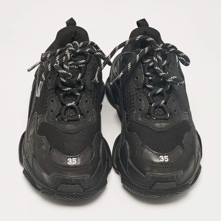 Pre Owned Balenciaga Black Mesh and Faux Leather Triple S Lace Up Sneakers Size 35