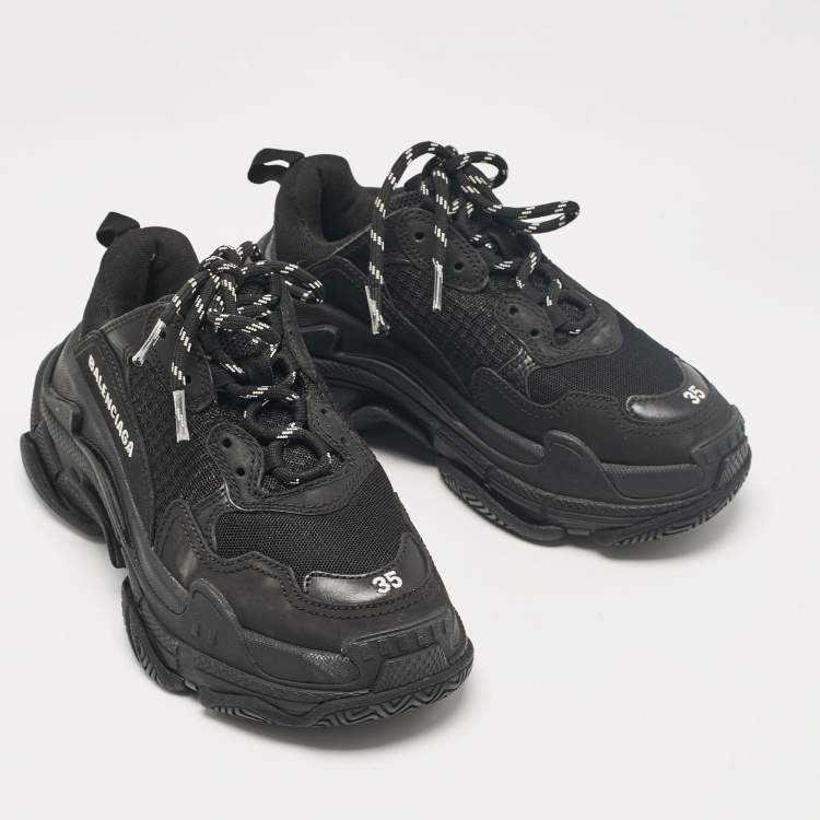 Pre Owned Balenciaga Black Mesh and Faux Leather Triple S Lace Up Sneakers Size 35