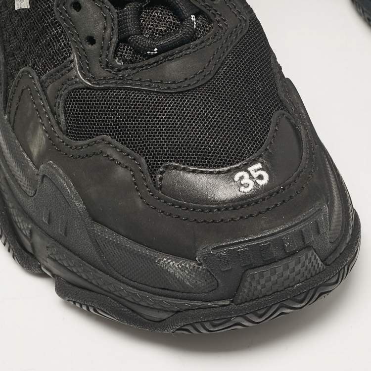Pre Owned Balenciaga Black Mesh and Faux Leather Triple S Lace Up Sneakers Size 35