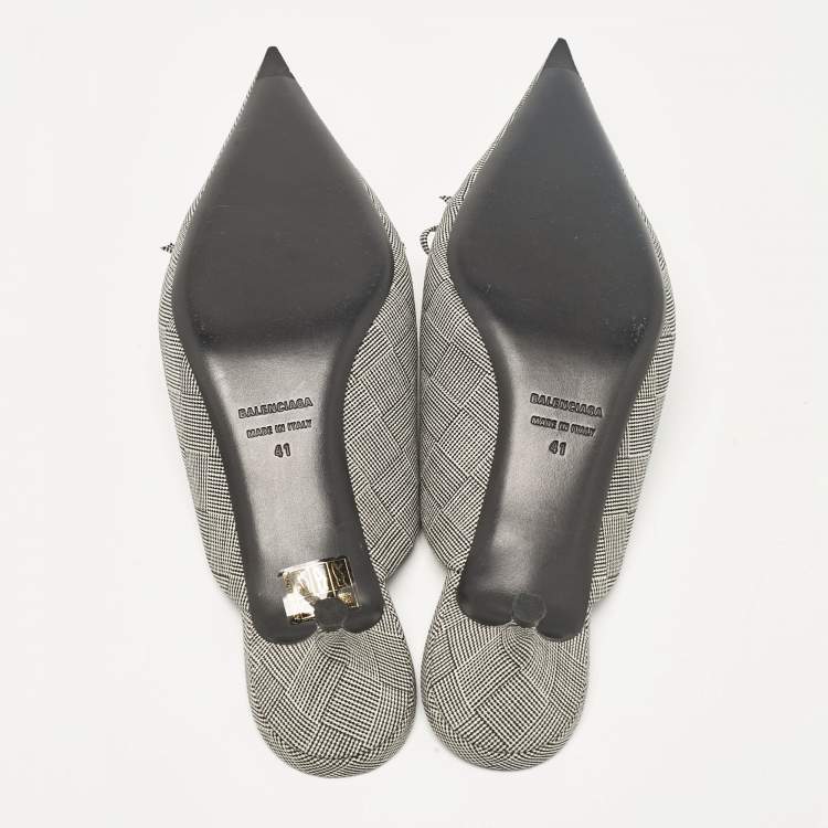 Pre Owned Balenciaga Black/White Check Fabric Bow Knife Mules Size 41