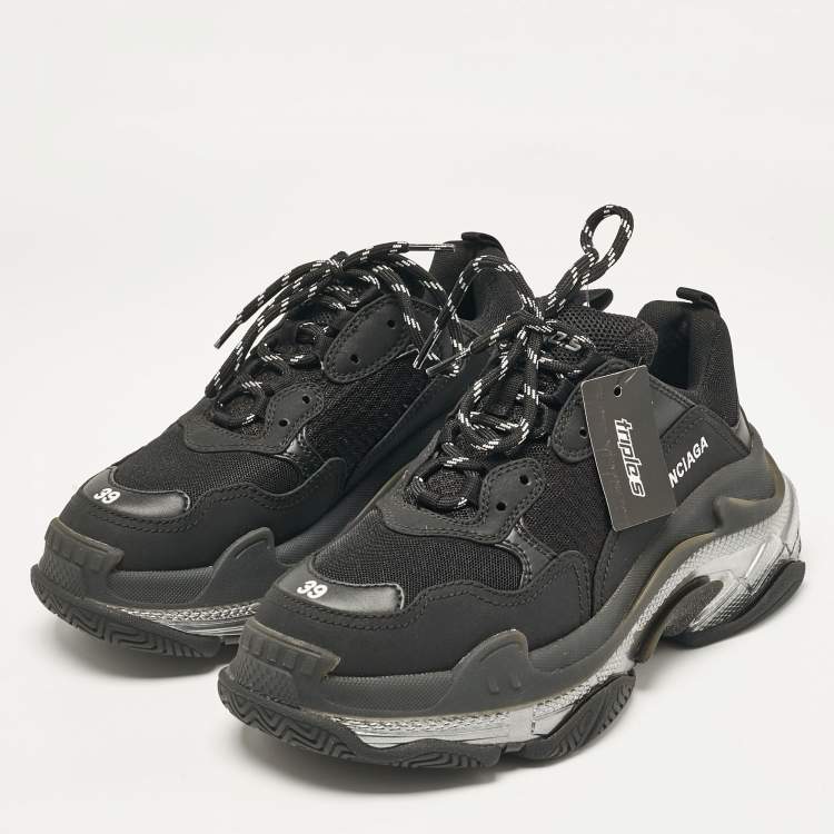 Pre Owned Balenciaga Black Faux Leather and Mesh Triple S Clear Sole Sneakers Size 39