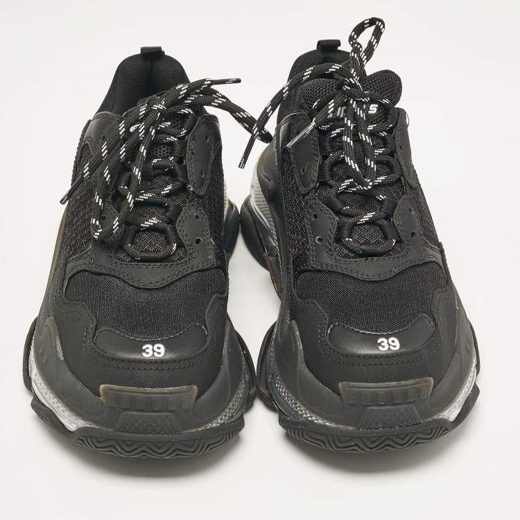 Pre Owned Balenciaga Black Faux Leather and Mesh Triple S Clear Sole Sneakers Size 39