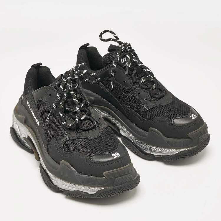 Pre Owned Balenciaga Black Faux Leather and Mesh Triple S Clear Sole Sneakers Size 39