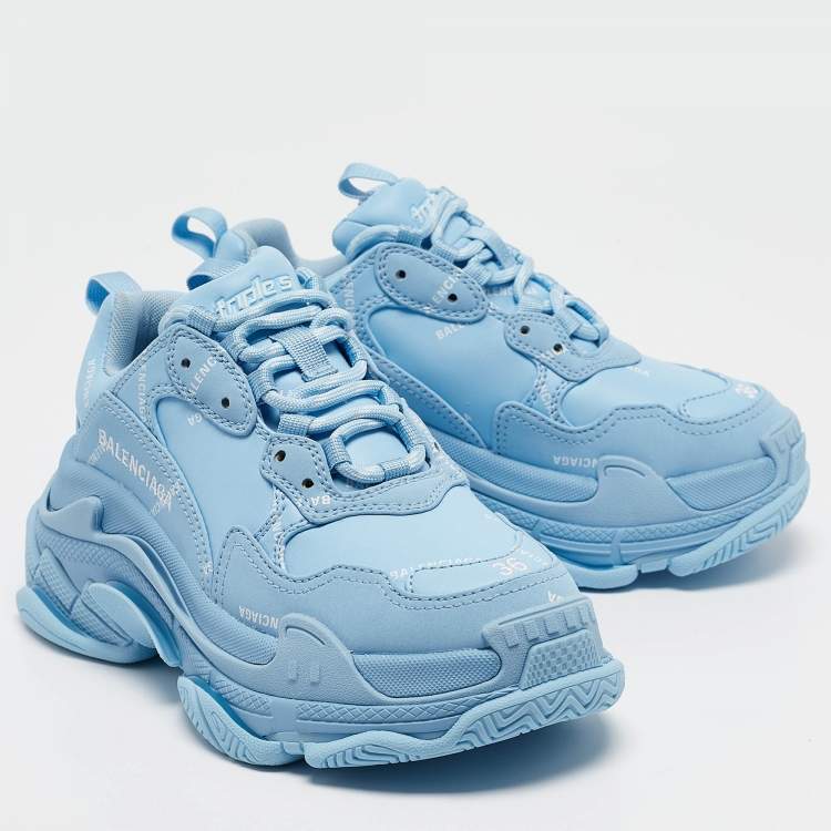 Pre Owned Balenciaga Blue Faux Leather Allover Logo Triple S Sneakers Size 36