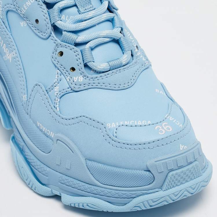 Pre Owned Balenciaga Blue Faux Leather Allover Logo Triple S Sneakers Size 36