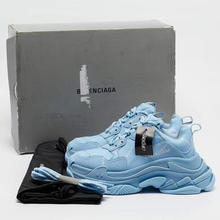 Pre Owned Balenciaga Blue Faux Leather Allover Logo Triple S Sneakers Size 36