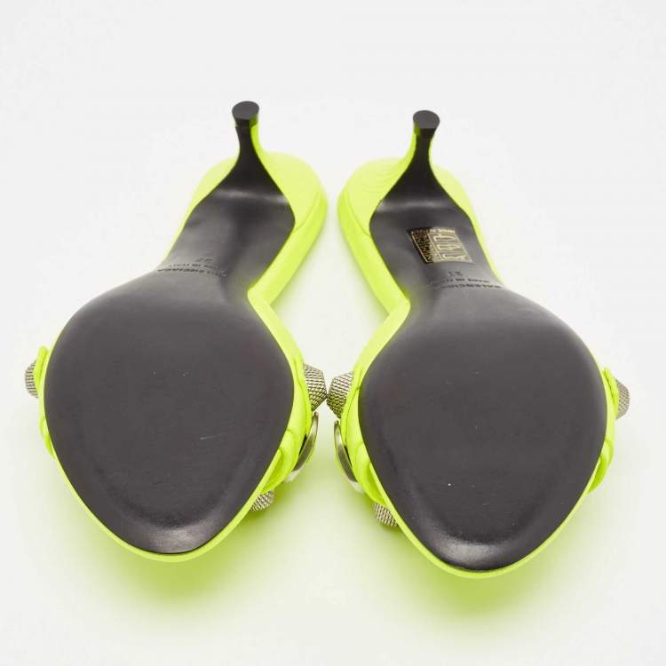 Pre Owned Balenciaga Neon Yellow Leather Le Cagole Studded Slide Sandals Size 37