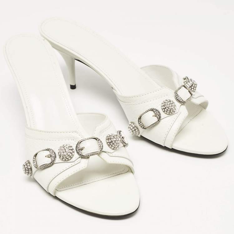 Pre Owned Balenciaga White Leather Le Cagole Slide Sandals Size 40