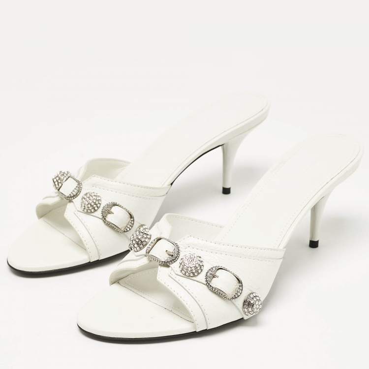 Pre Owned Balenciaga White Leather Le Cagole Slide Sandals Size 40