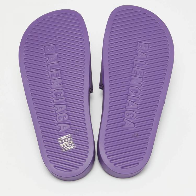 Pre Owned Balenciaga Purple Rubber Logo Pool Slides Size 39