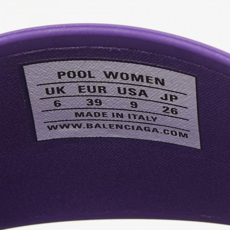 Pre Owned Balenciaga Purple Rubber Logo Pool Slides Size 39