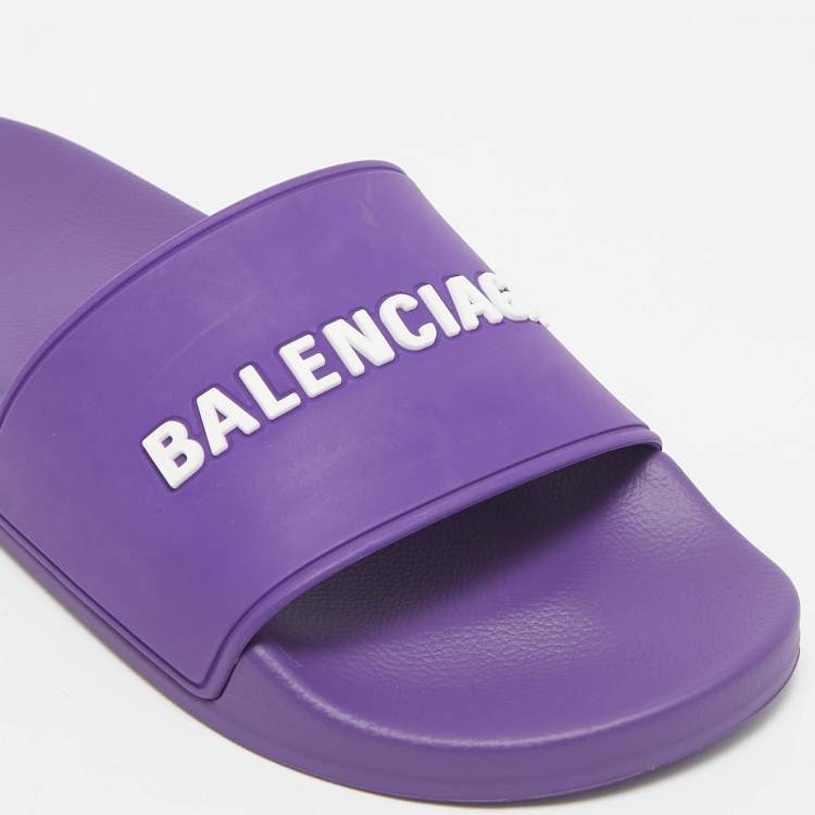 Pre Owned Balenciaga Purple Rubber Logo Pool Slides Size 39
