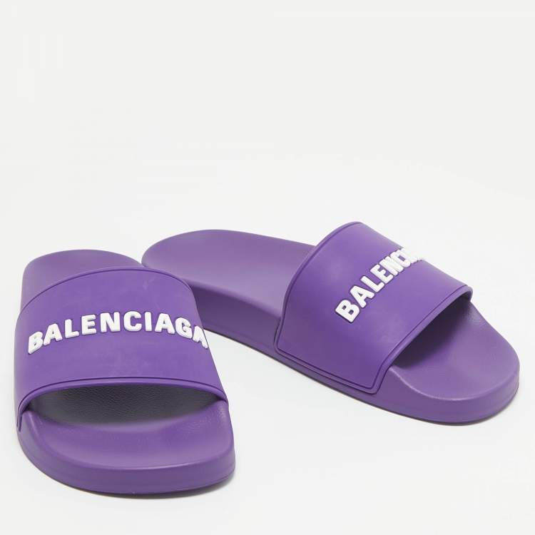 Pre Owned Balenciaga Purple Rubber Logo Pool Slides Size 39