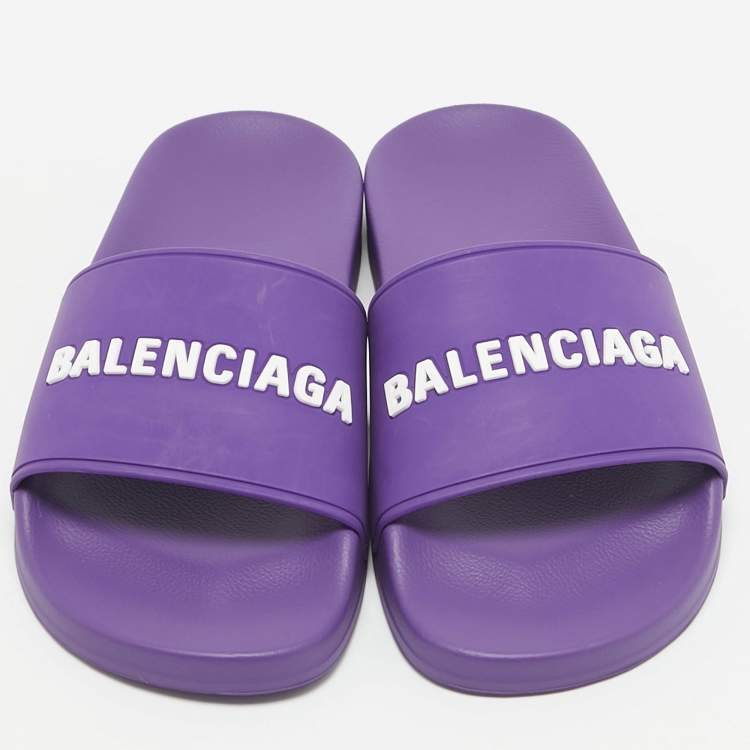 Pre Owned Balenciaga Purple Rubber Logo Pool Slides Size 39