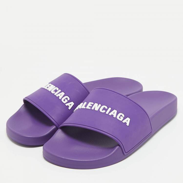 Pre Owned Balenciaga Purple Rubber Logo Pool Slides Size 39