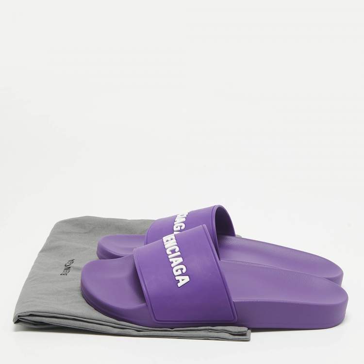 Pre Owned Balenciaga Purple Rubber Logo Pool Slides Size 39