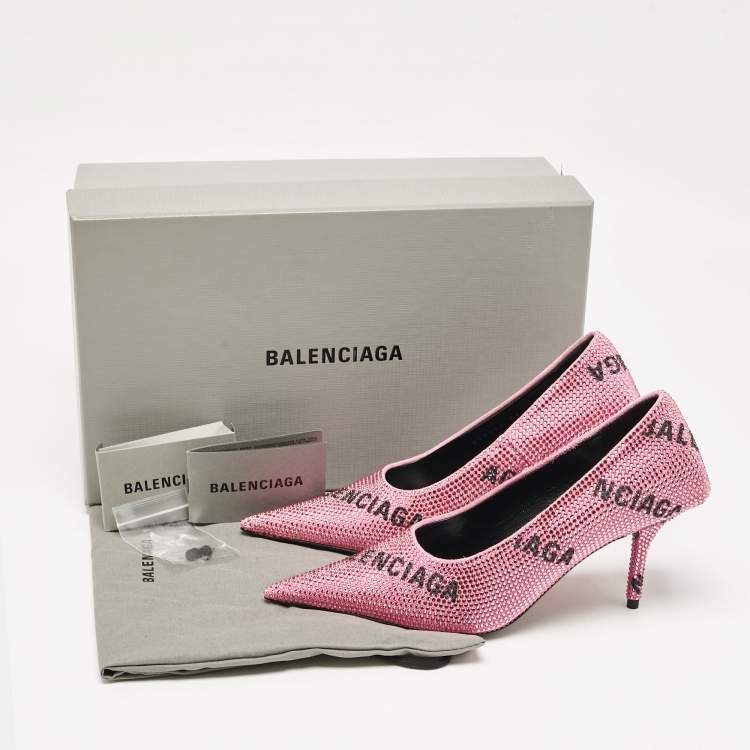 Pre Owned Balenciaga Pink Suede Crystal Embellished Square Knife Pumps Size 36