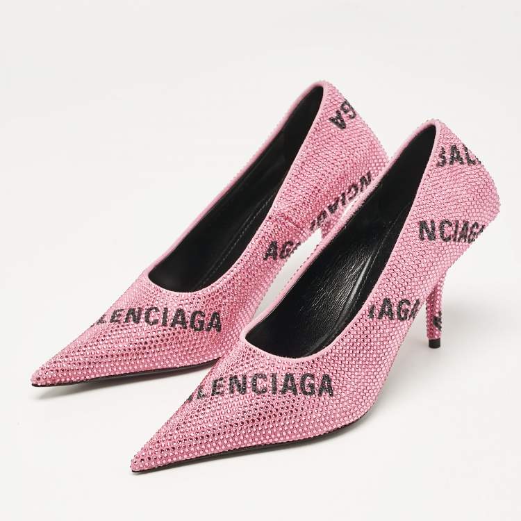 Pre Owned Balenciaga Pink Suede Crystal Embellished Square Knife Pumps Size 36