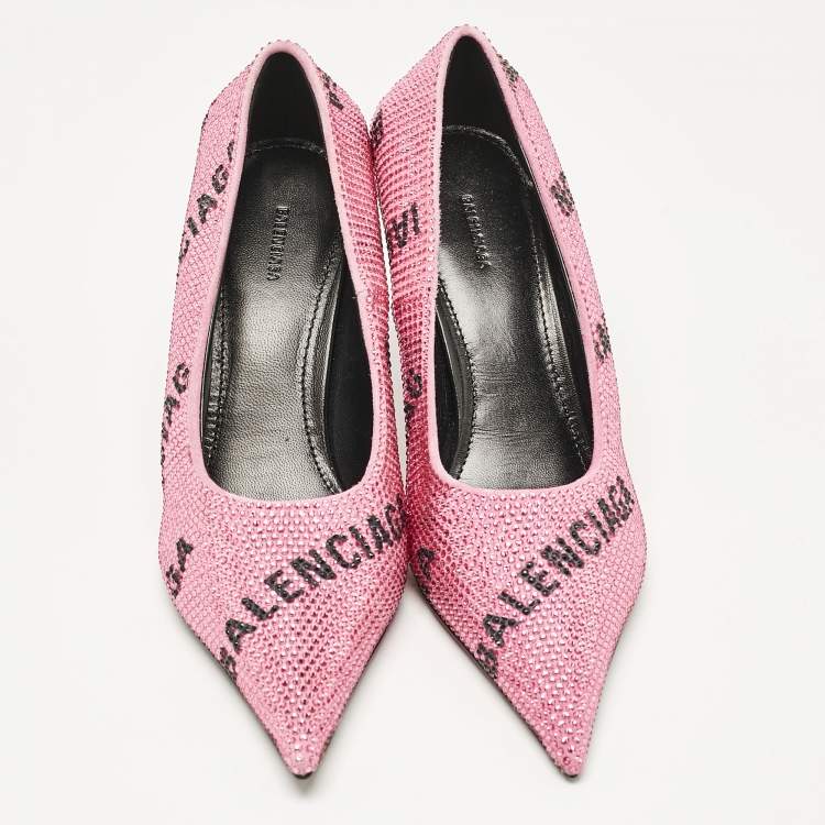 Pre Owned Balenciaga Pink Suede Crystal Embellished Square Knife Pumps Size 36