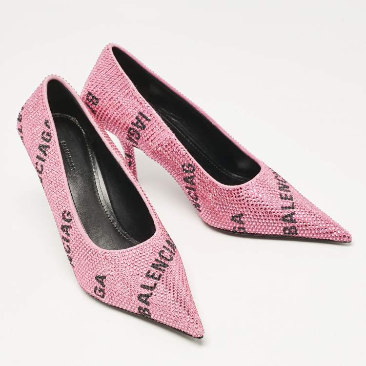 Pre Owned Balenciaga Pink Suede Crystal Embellished Square Knife Pumps Size 36