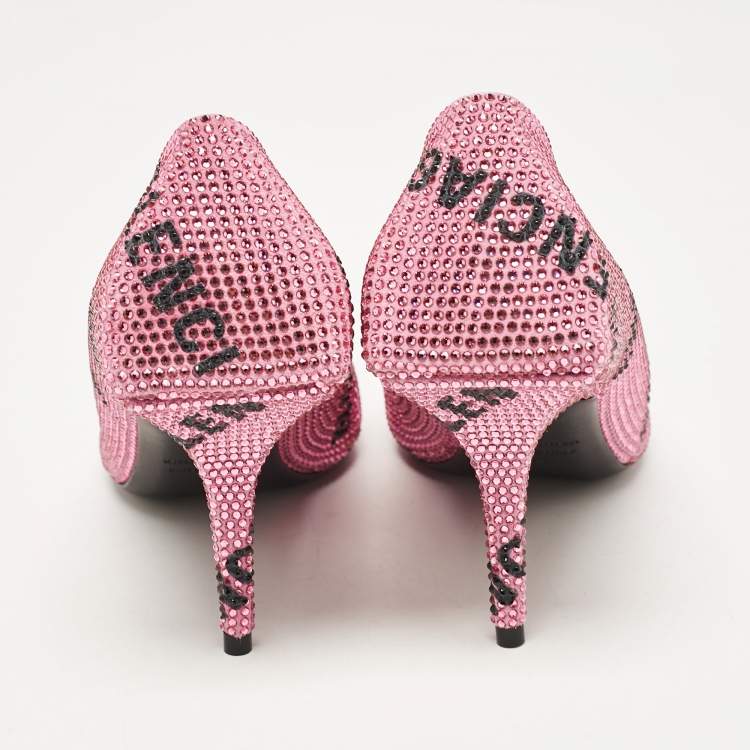 Pre Owned Balenciaga Pink Suede Crystal Embellished Square Knife Pumps Size 36