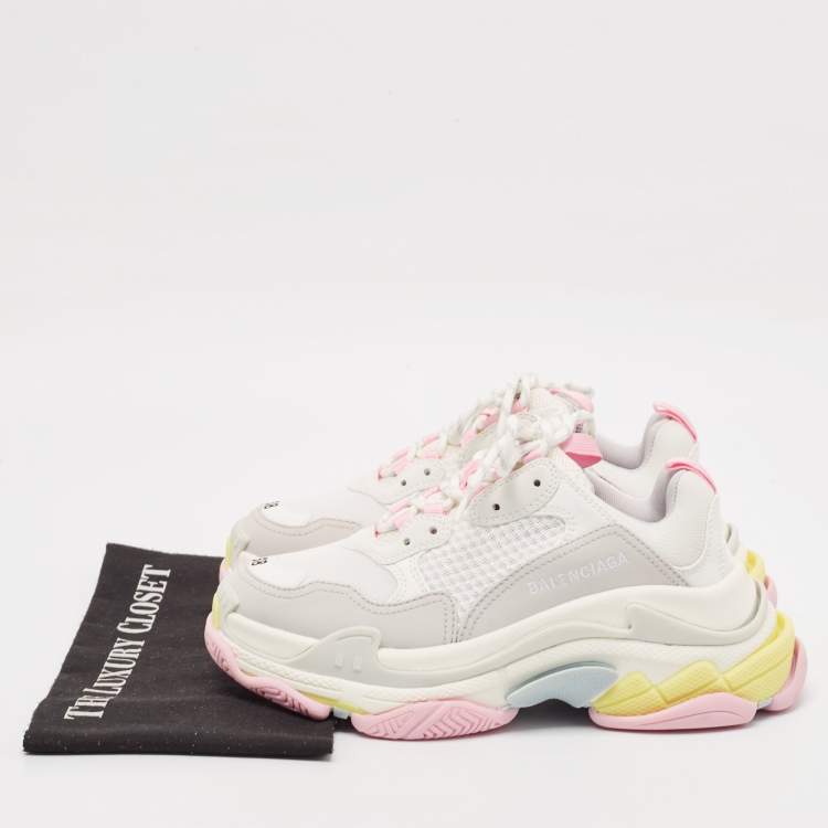 Pre Owned Balenciaga White Faux Leather and Mesh Triple S Low Top Sneakers Size 38