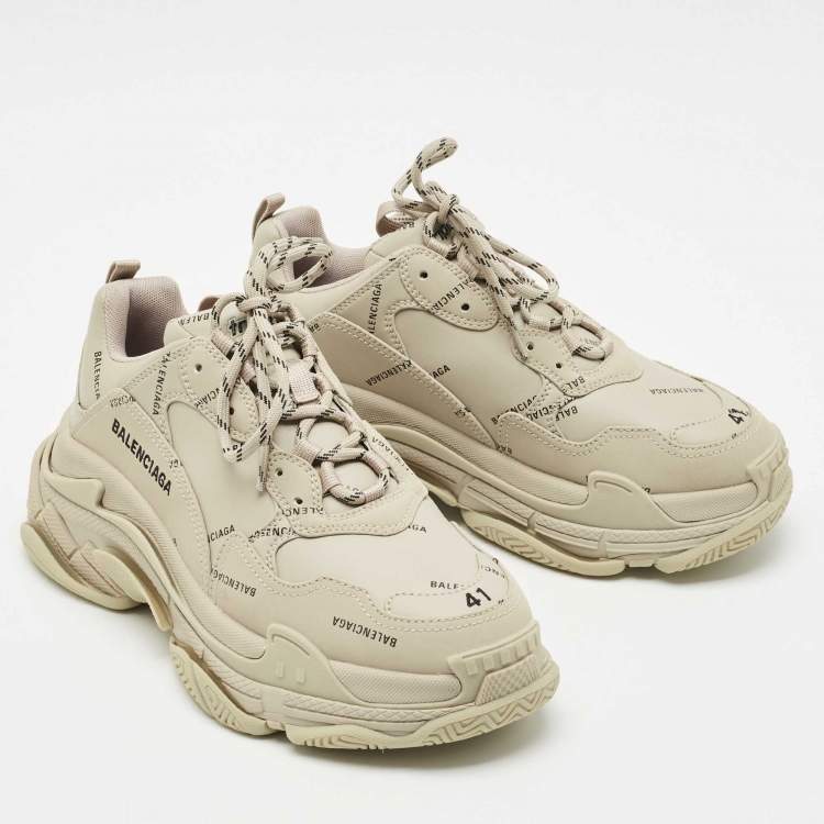 Pre Owned Balenciaga Grey Faux Leather Allover Logo Triple S Sneakers Size 41