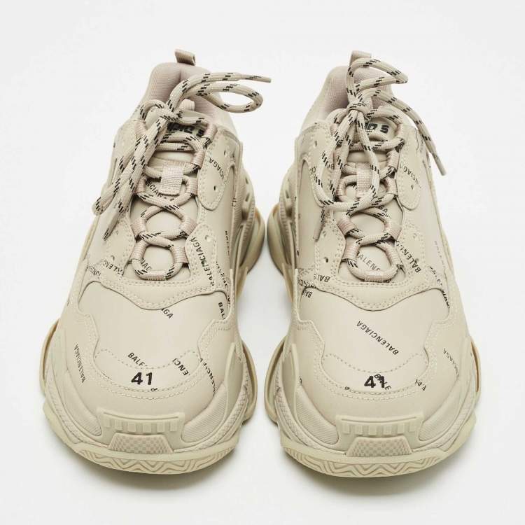 Pre Owned Balenciaga Grey Faux Leather Allover Logo Triple S Sneakers Size 41
