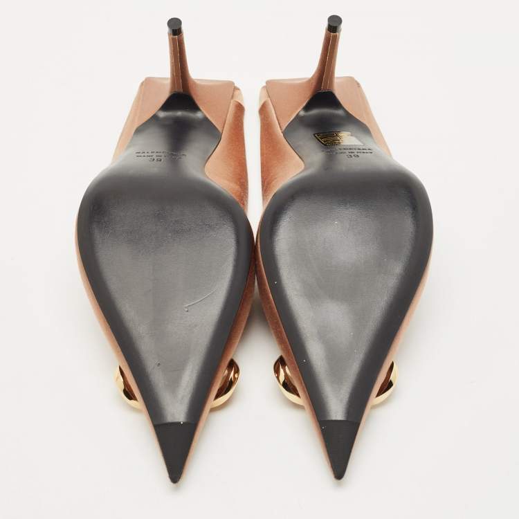 Pre Owned Balenciaga Gold Satin BB Knife Pointed Toe Mules Size 39