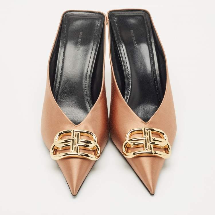 Pre Owned Balenciaga Gold Satin BB Knife Pointed Toe Mules Size 39