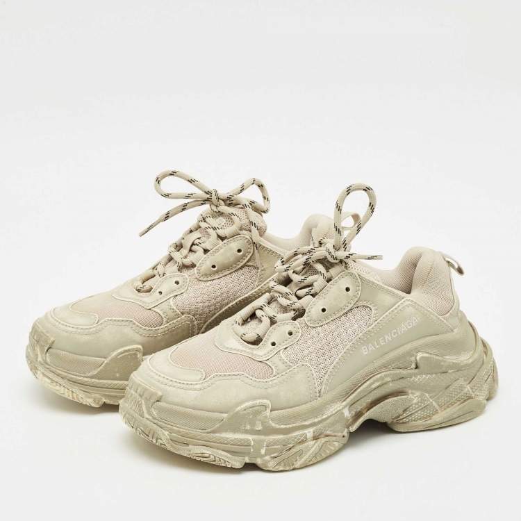 Pre Owned Balenciaga Beige Faux Leather and Mesh Faded Triple S Sneakers Size 38