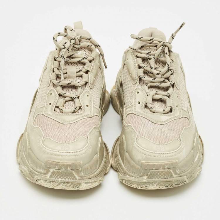 Pre Owned Balenciaga Beige Faux Leather and Mesh Faded Triple S Sneakers Size 38