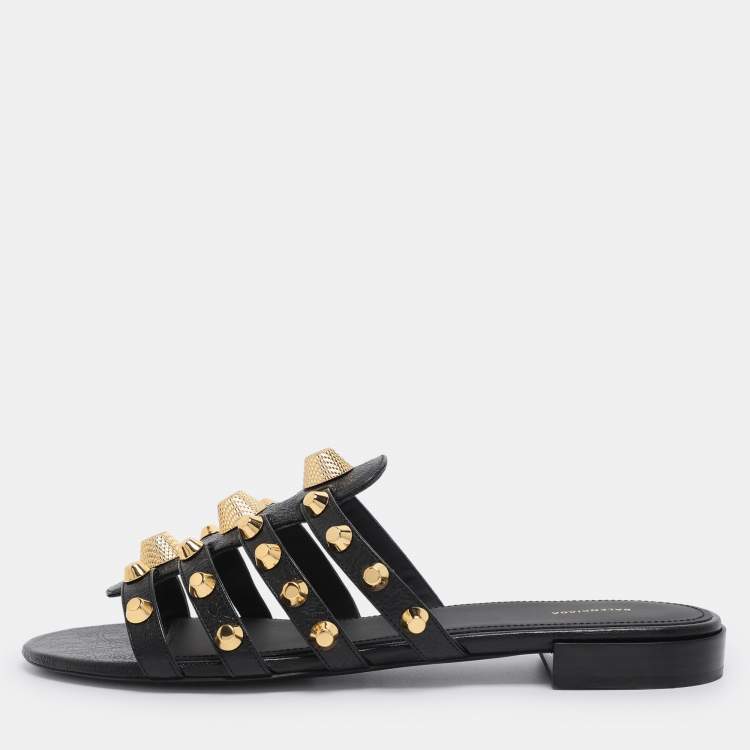 Pre Owned Balenciaga Black Leather Arena Studded Flat Sandals Size 41.5
