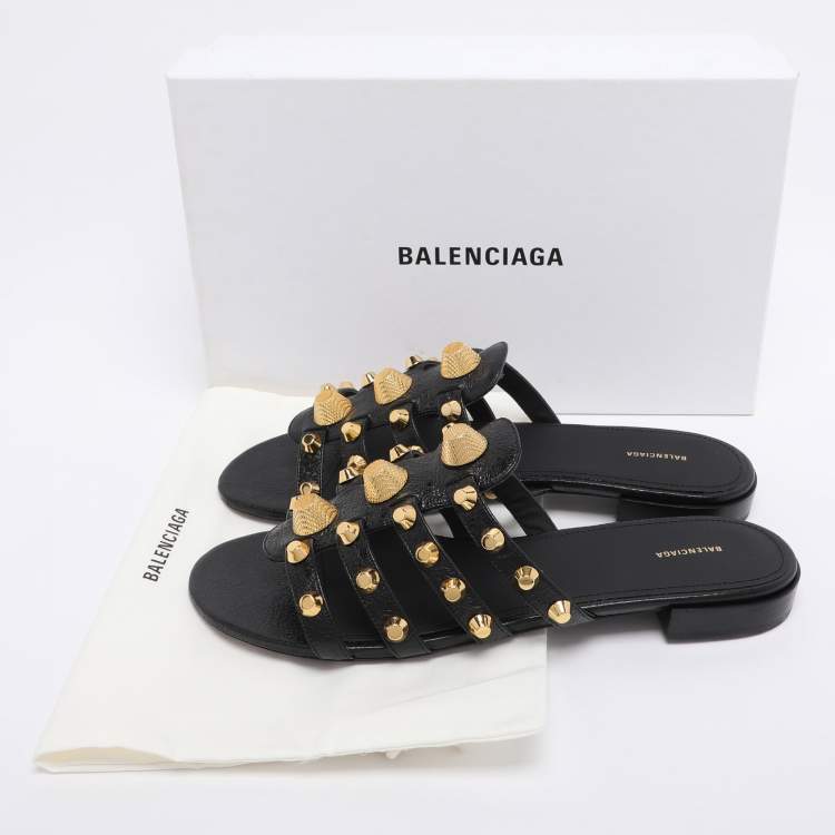 Pre Owned Balenciaga Black Leather Arena Studded Flat Sandals Size 41.5