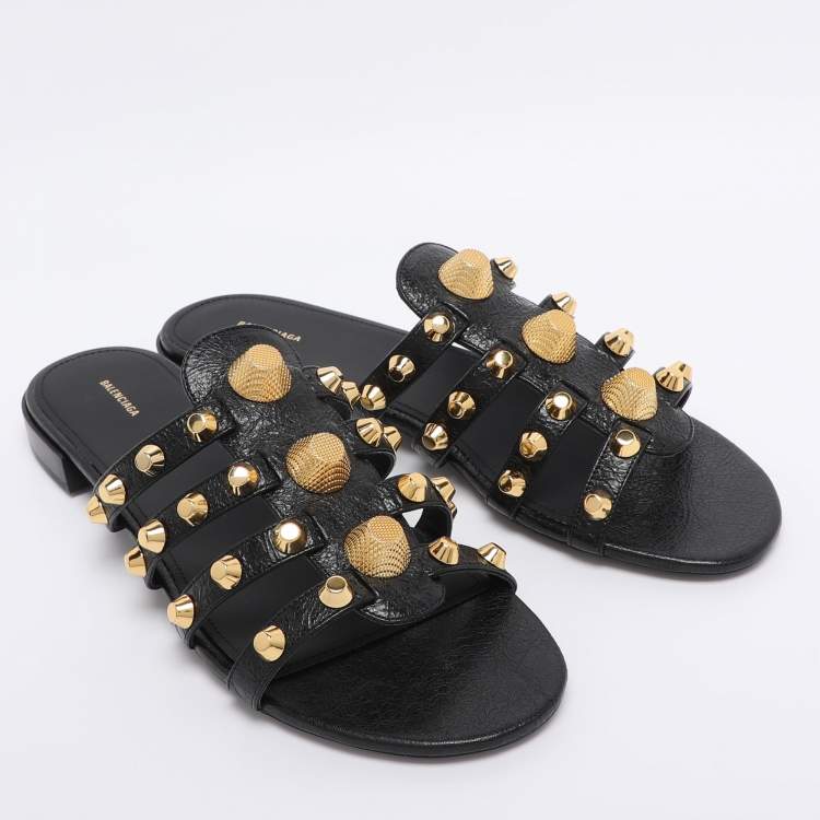 Pre Owned Balenciaga Black Leather Arena Studded Flat Sandals Size 41.5
