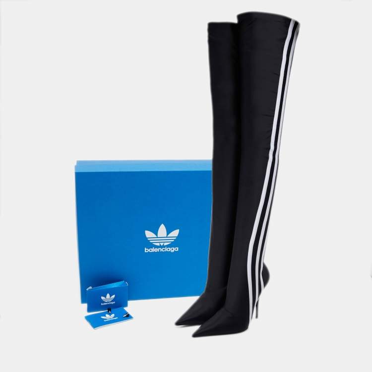 Pre Owned Balenciaga x Adidas Black/White Spandex Knife Over The Knee Boots Size 37