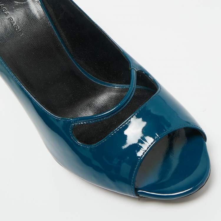 Pre Owned Balenciaga Peacock Blue Patent Leather Platform Peep Toe Pumps Size 39