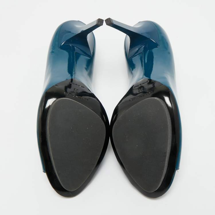 Pre Owned Balenciaga Peacock Blue Patent Leather Platform Peep Toe Pumps Size 39