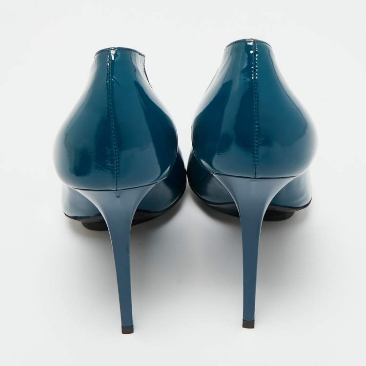 Pre Owned Balenciaga Peacock Blue Patent Leather Platform Peep Toe Pumps Size 39