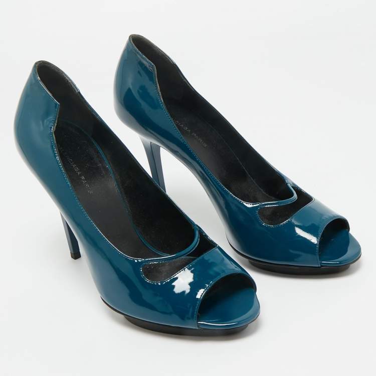 Pre Owned Balenciaga Peacock Blue Patent Leather Platform Peep Toe Pumps Size 39