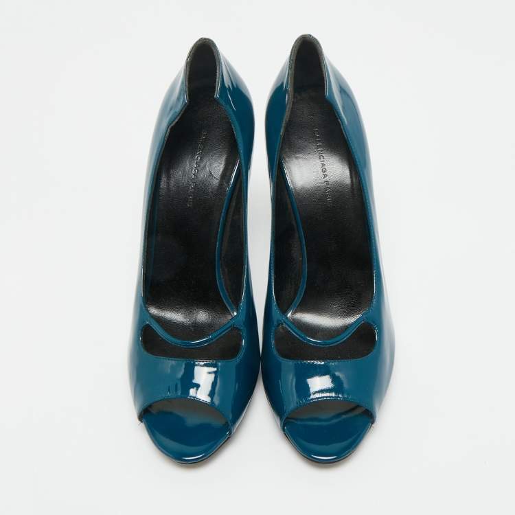 Pre Owned Balenciaga Peacock Blue Patent Leather Platform Peep Toe Pumps Size 39